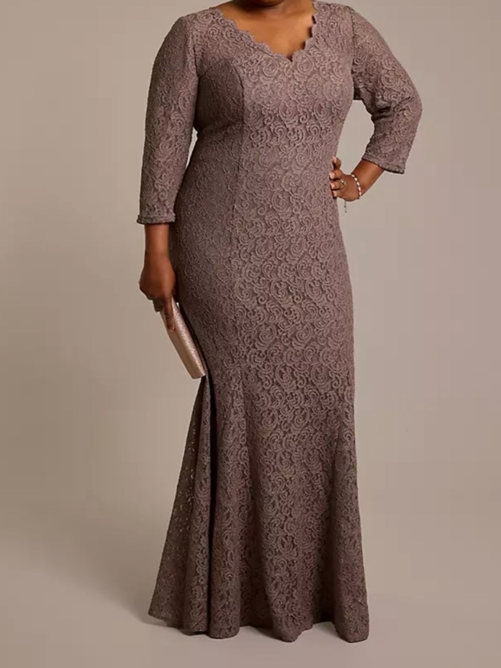 Oleg Cassini Glitter Lace Mermaid Gown Long Sleeve V-Neck Mother of Bride Size 4
